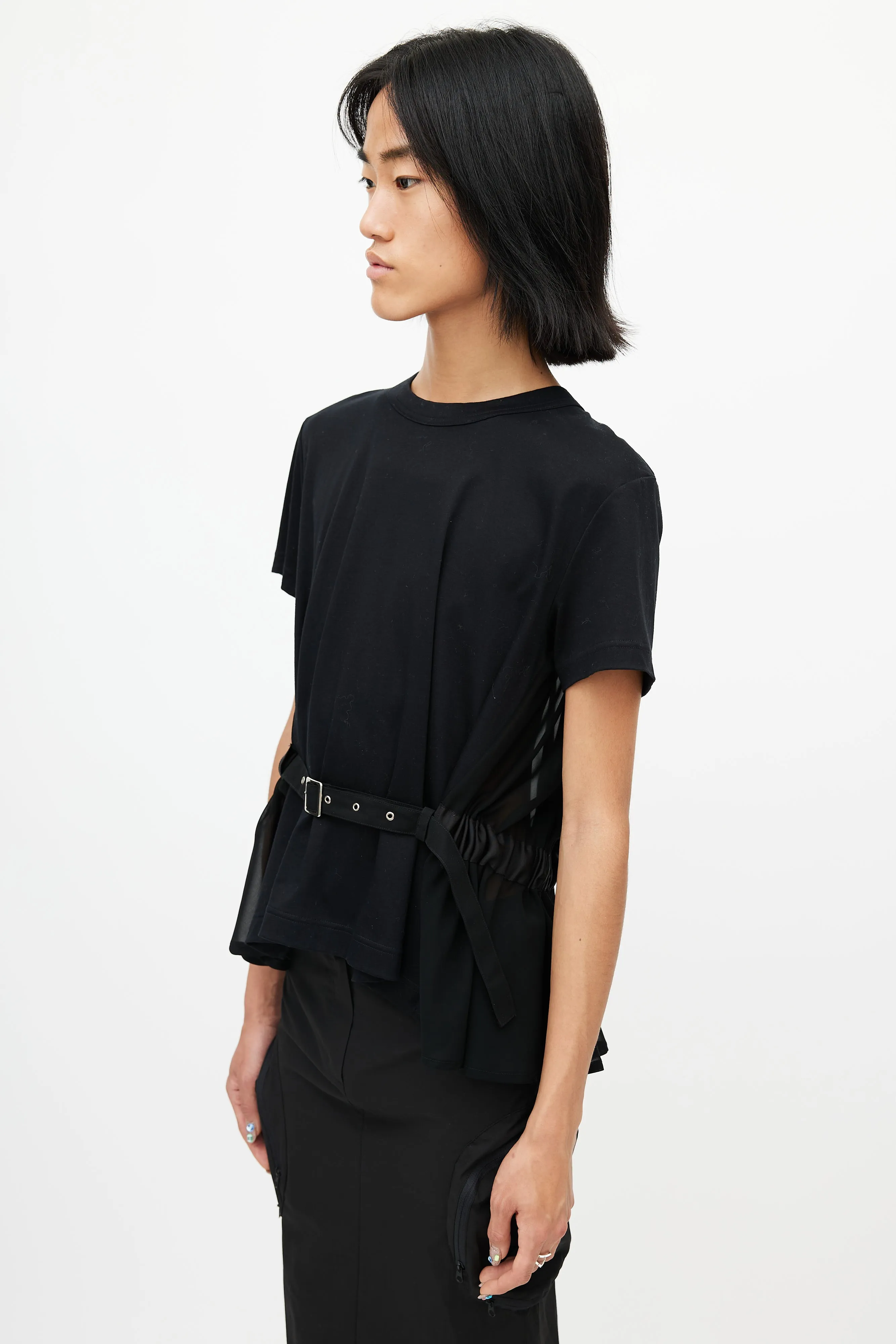 Black Sheer Belted T-Shirt
