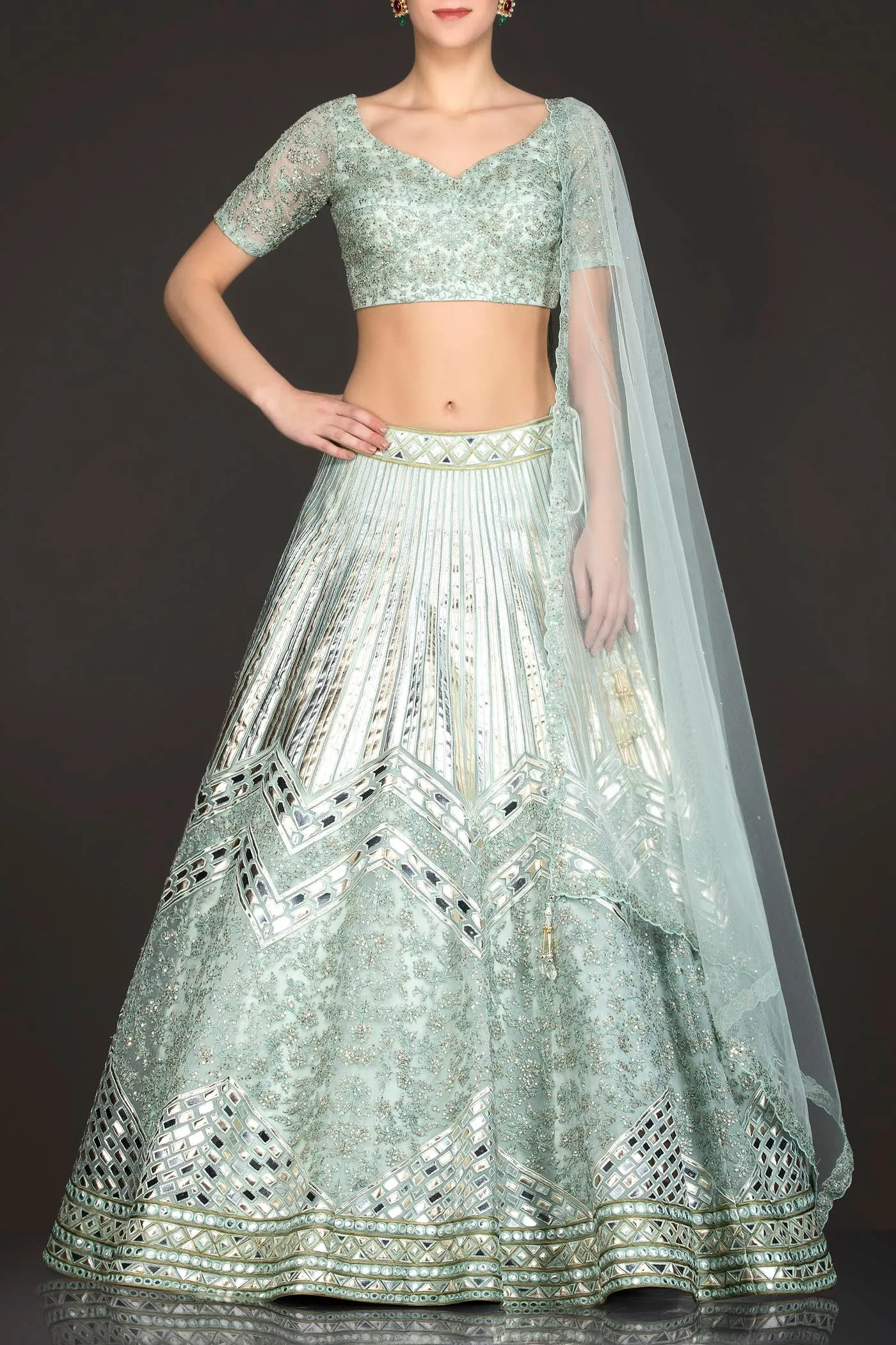 Mint Green Net Skirt/Lehenga/Dupatta With Leather Patch Embroidery