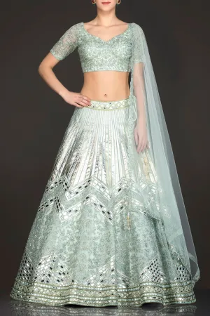 Mint Green Net Skirt/Lehenga/Dupatta With Leather Patch Embroidery