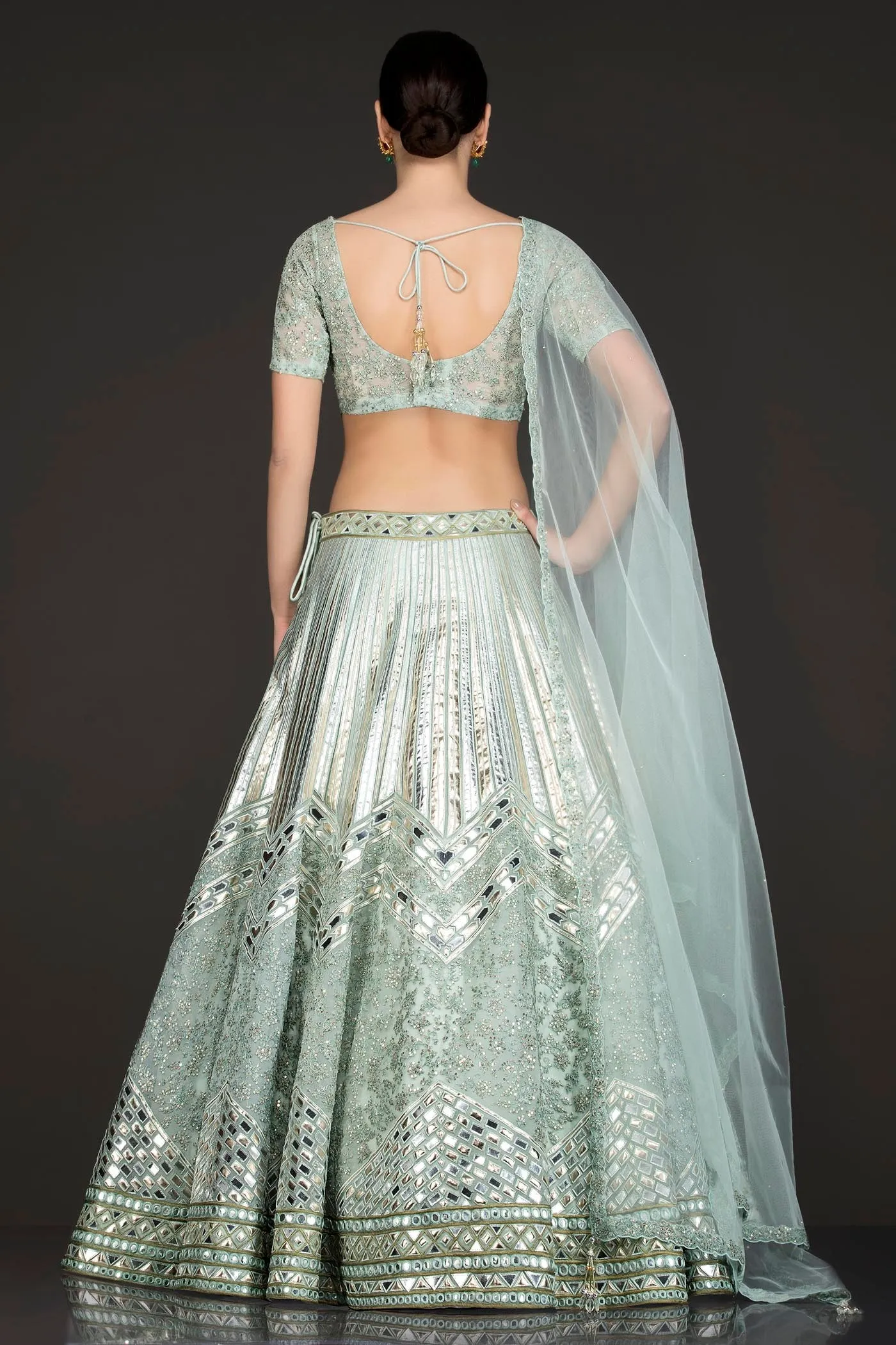 Mint Green Net Skirt/Lehenga/Dupatta With Leather Patch Embroidery