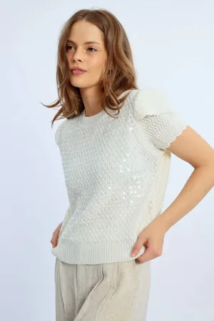 Off-White Sleeveless Sweater with Sequins