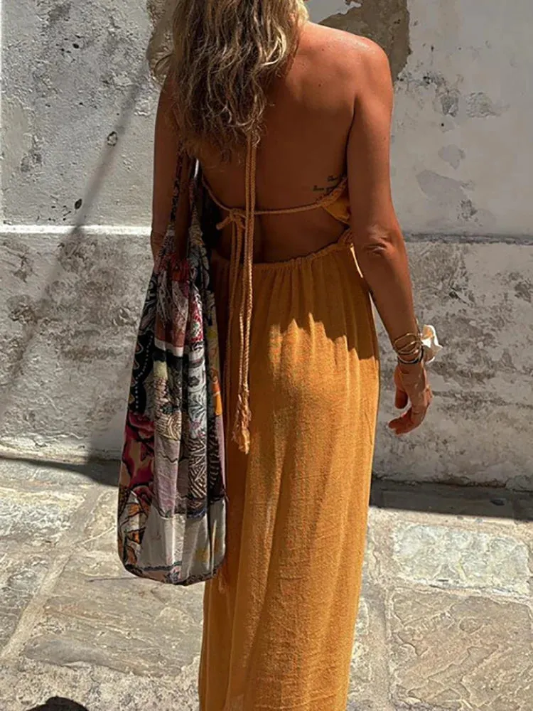 UAKISS  -  Women Summer Solid Patchwork Sleeveless Maxi Dress, Deep V-Neck Sexy Fashion Party Dress, 2025 Hollow Out Lace-Up Ladies Dress