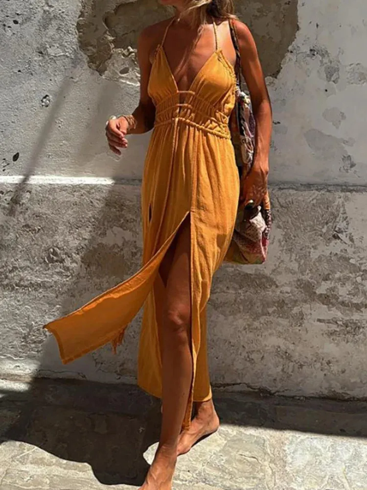 UAKISS  -  Women Summer Solid Patchwork Sleeveless Maxi Dress, Deep V-Neck Sexy Fashion Party Dress, 2025 Hollow Out Lace-Up Ladies Dress