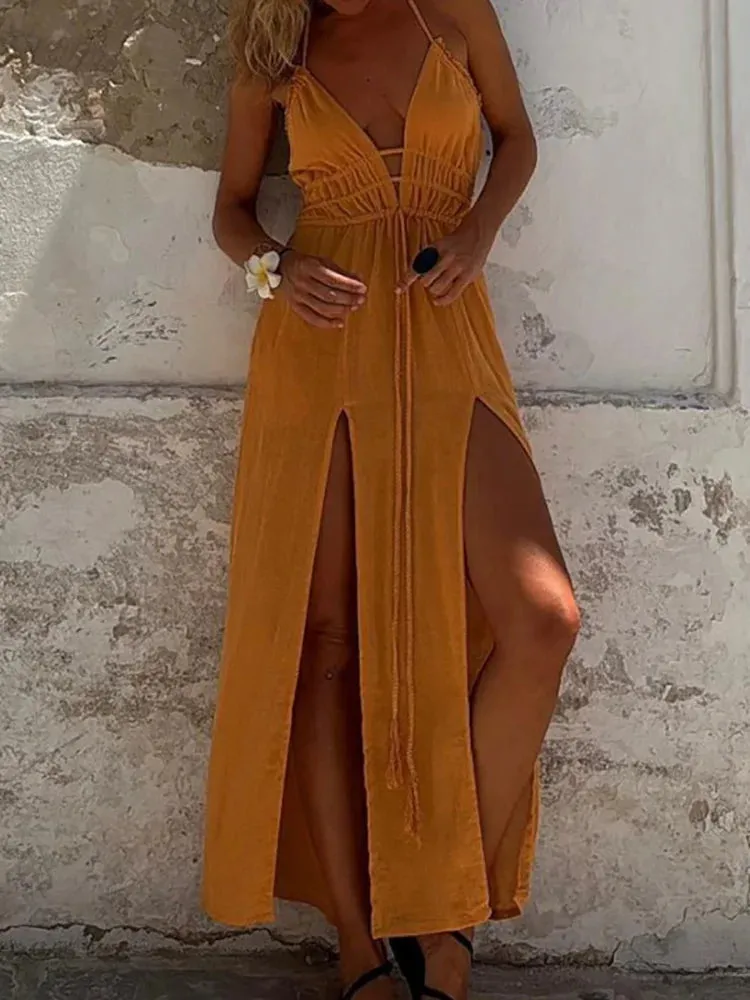 UAKISS  -  Women Summer Solid Patchwork Sleeveless Maxi Dress, Deep V-Neck Sexy Fashion Party Dress, 2025 Hollow Out Lace-Up Ladies Dress