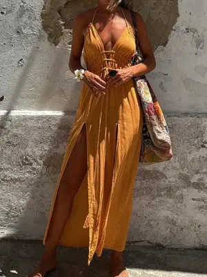 UAKISS  -  Women Summer Solid Patchwork Sleeveless Maxi Dress, Deep V-Neck Sexy Fashion Party Dress, 2025 Hollow Out Lace-Up Ladies Dress